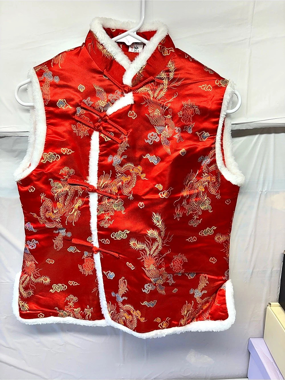 Embroidered Faux Fur Trim Vest in Red